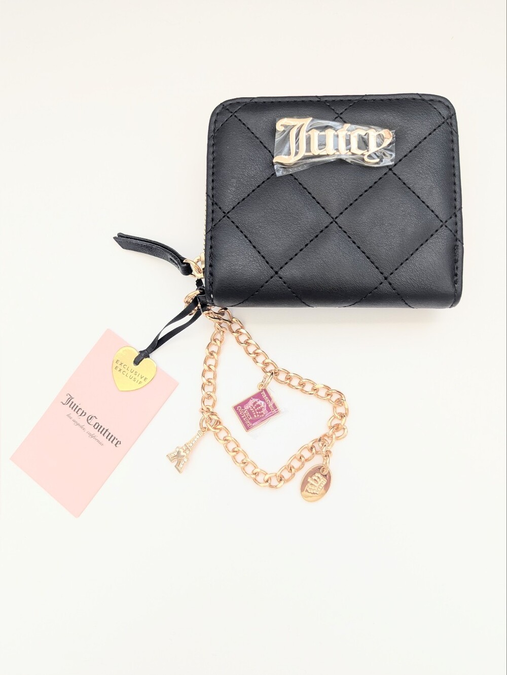 NWT Juicy Quilted Black Zip Wallet/Wristlet w/Gold Hardware, Chain & Charms